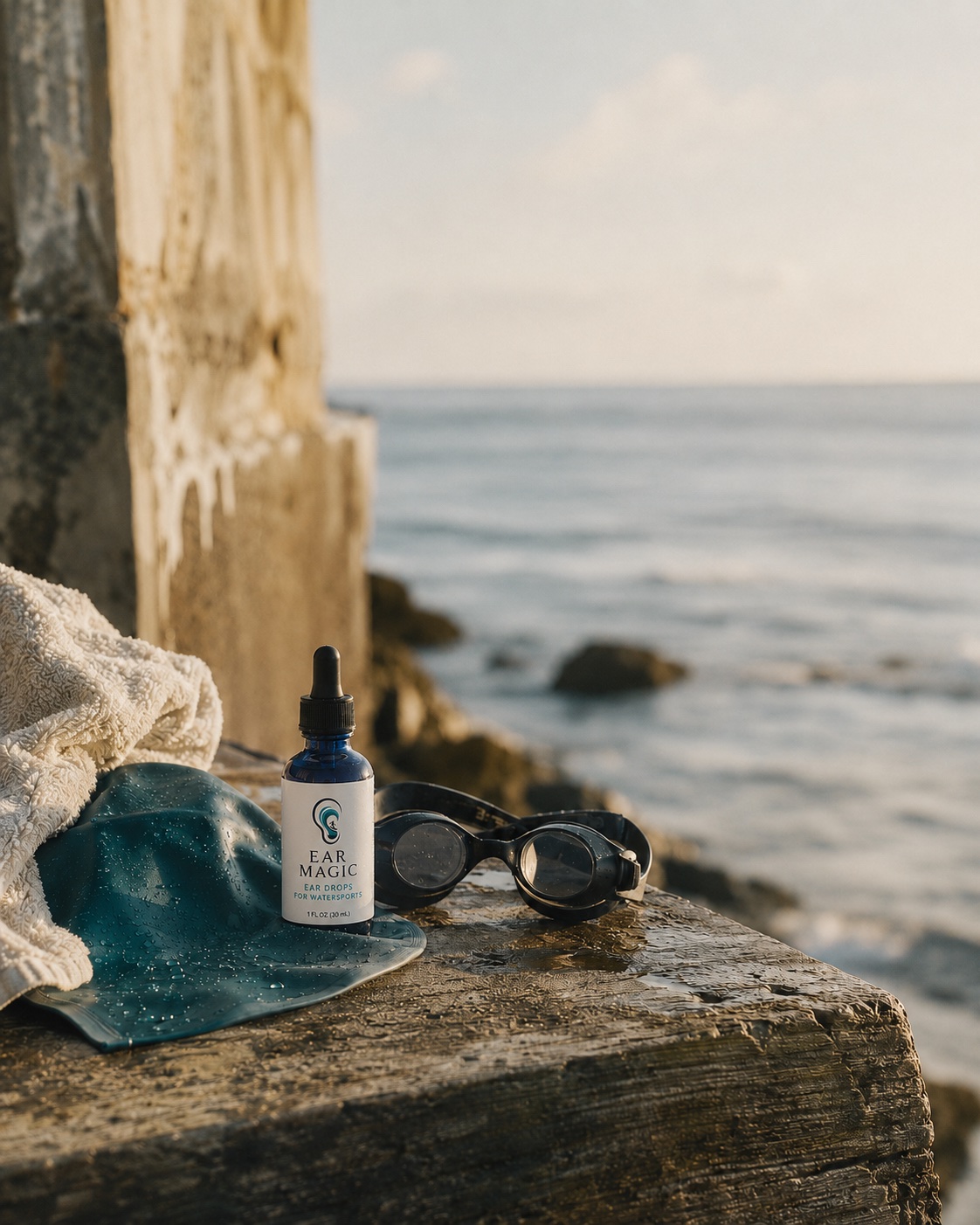 A swim cap, goggles, and the Ear Magic dropper bottle resting on a weathered ledge after a Pacific swim