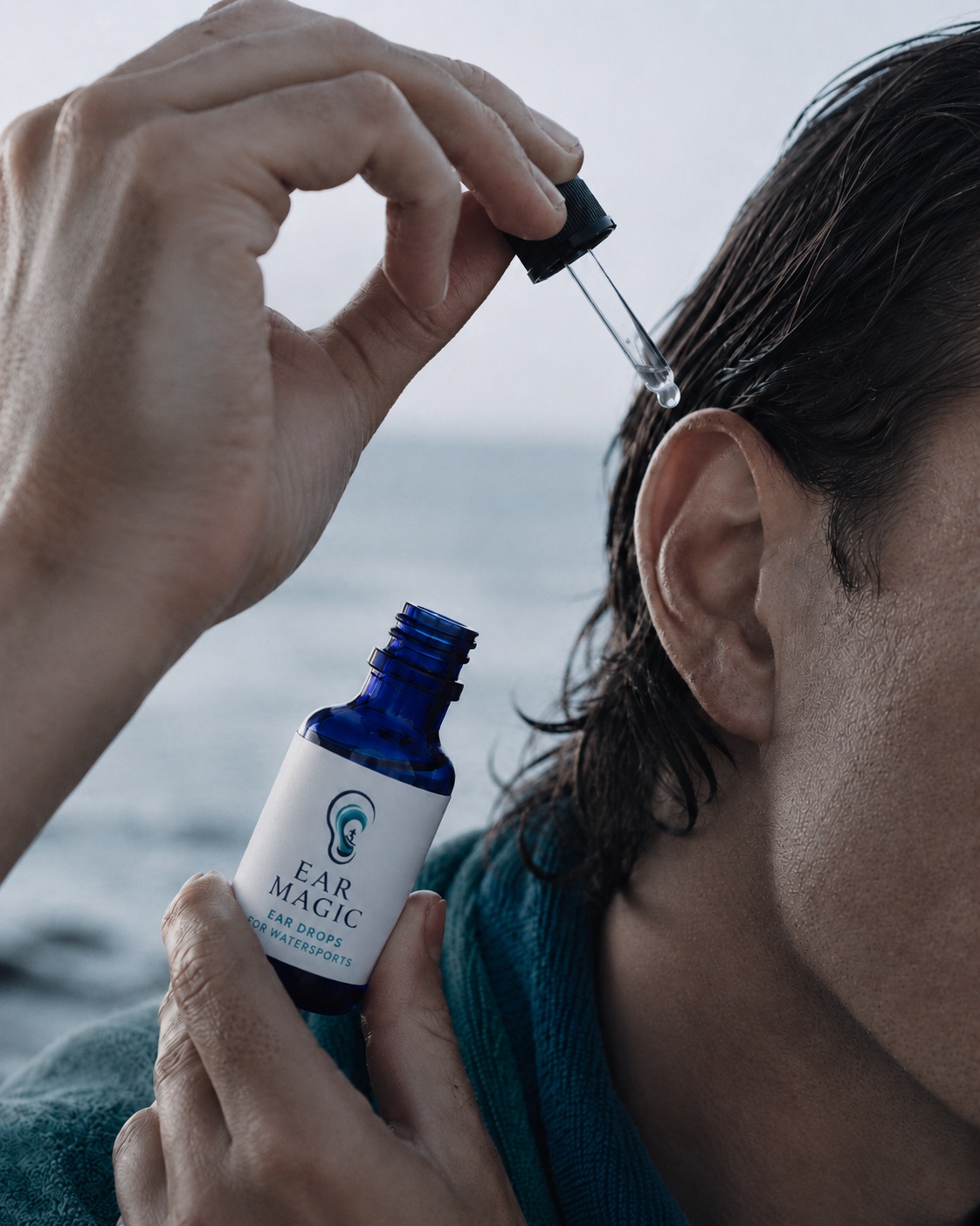 A close-up of the Ear Magic dropper being held above the ear, drop poised, after a swim