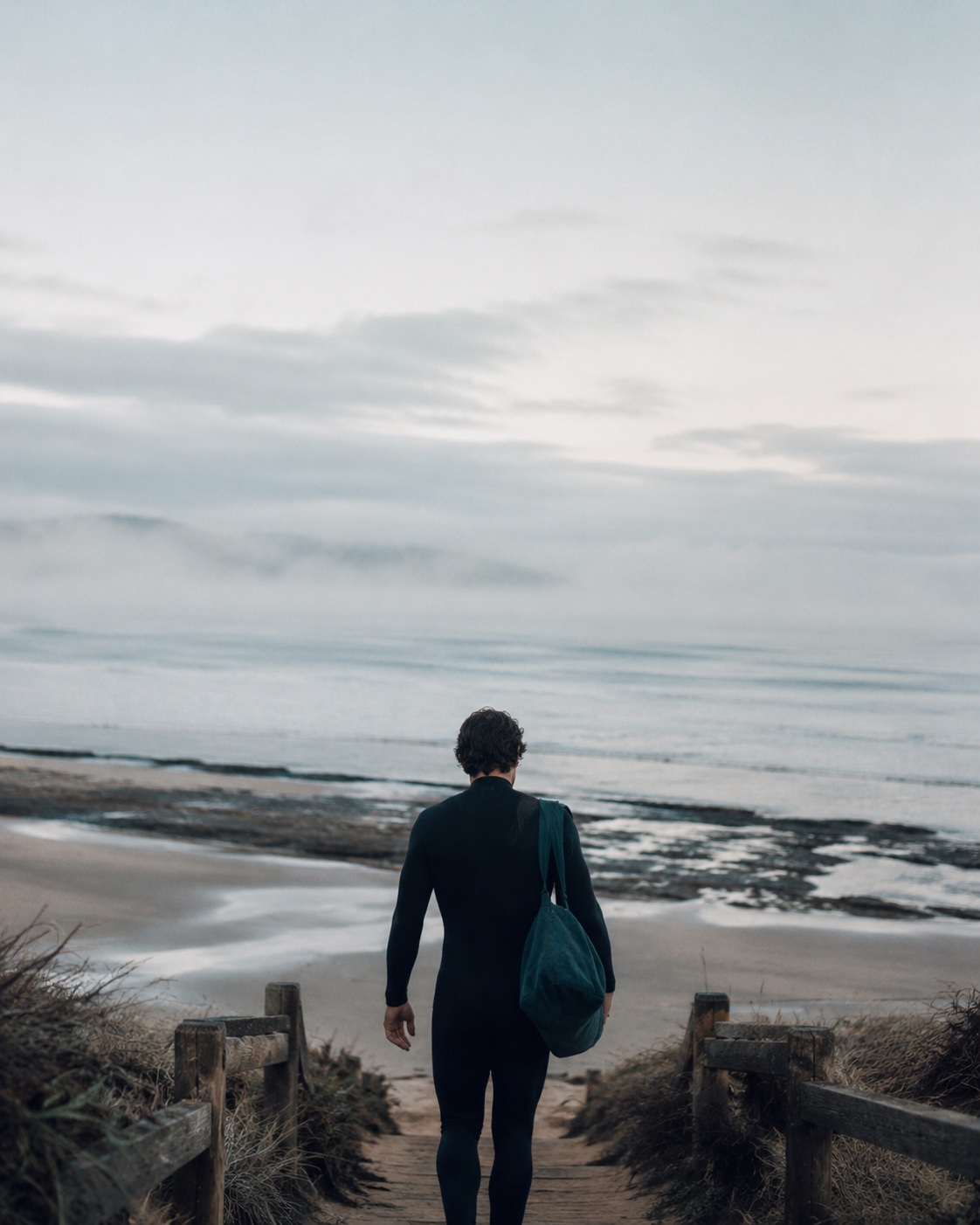 A figure walking back toward the Pacific with a kit bag, ritual complete